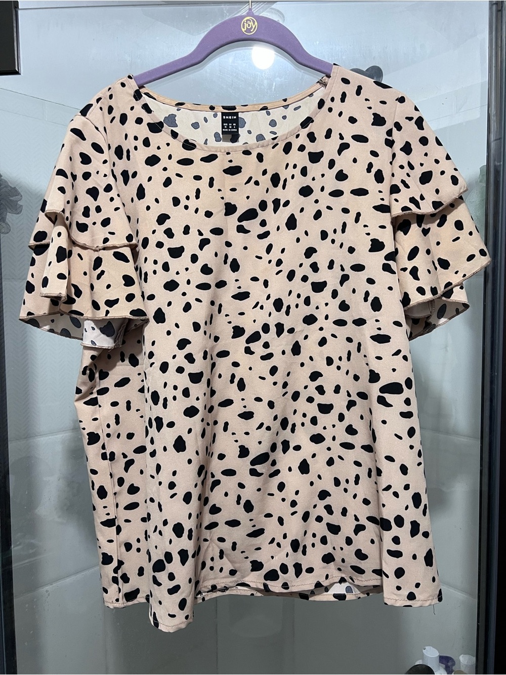 Women's Beige Dalmatian Print Ruffle Sleeve Top